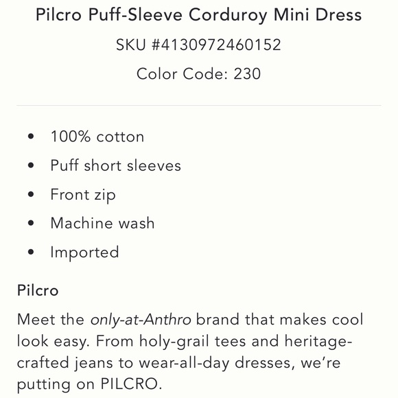 Anthropologie Pilcro Puff-Sleeve Corduroy Mini Dress - Picture 7 of 8